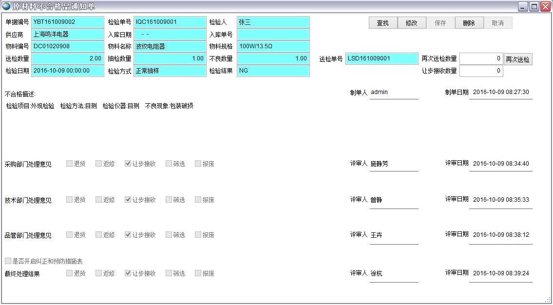 原材料不合格通知單